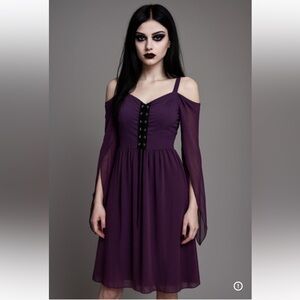 Gothic Purple  Chiffon Dress Lace-Up Corset Front Witchy Flare Sleeve Medium
